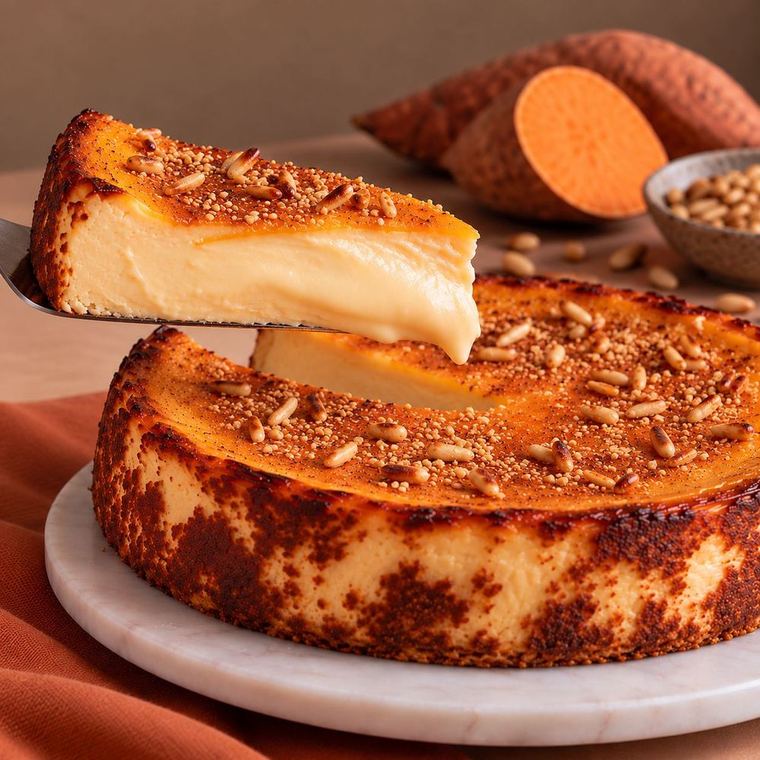 Porción de cheesecake de boniato con piñones tostados por encima