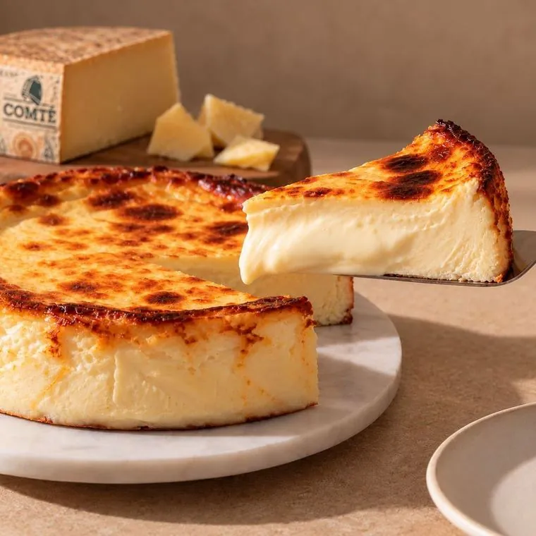Cheesecake de Comté amb una porció tallada i una falca de Comté al costat