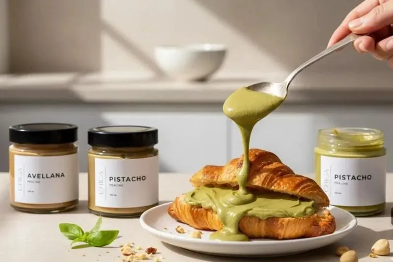 Pots de praliné d'avellana i de pistatxo de CHICA al costat d'un croissant untat