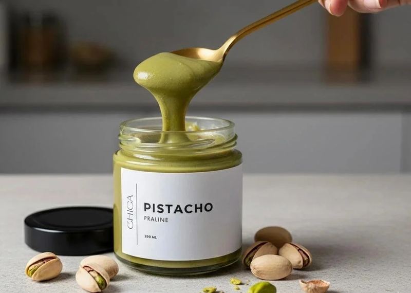 Tarro de praliné de pistacho de CHICA con una cuchara que lo levanta