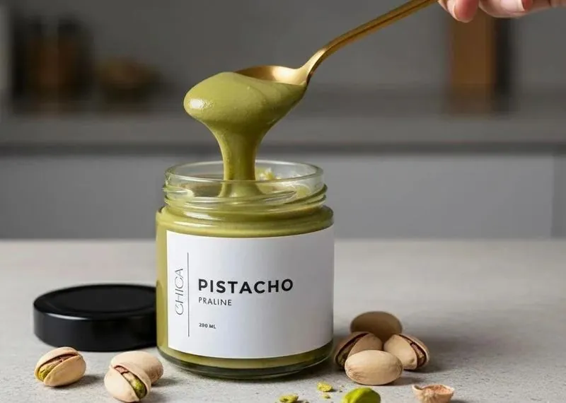 Pot de praliné de pistatxo de CHICA amb una cullera que l'aixeca